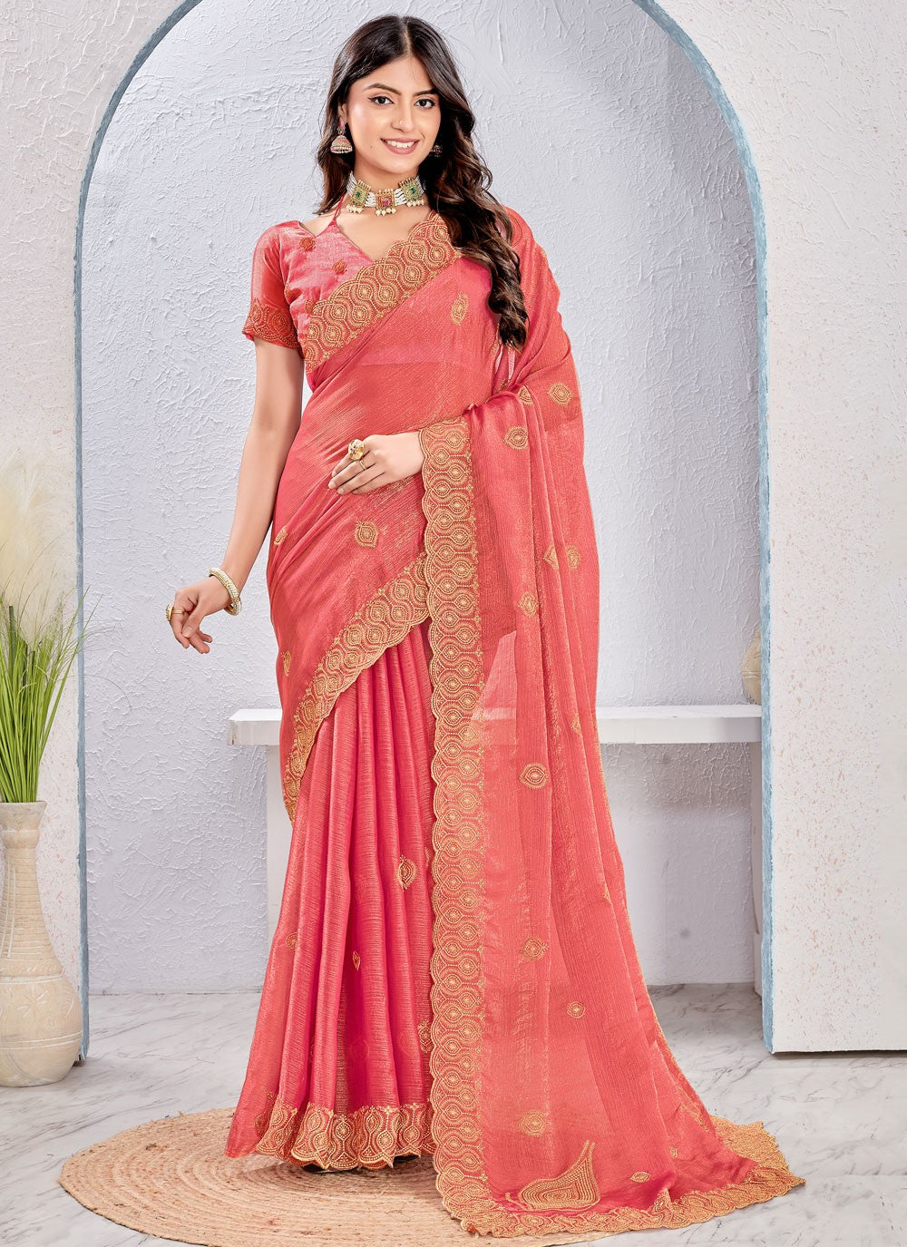 Peach Fandy Traditional Saree Embroidered, Zari S16879