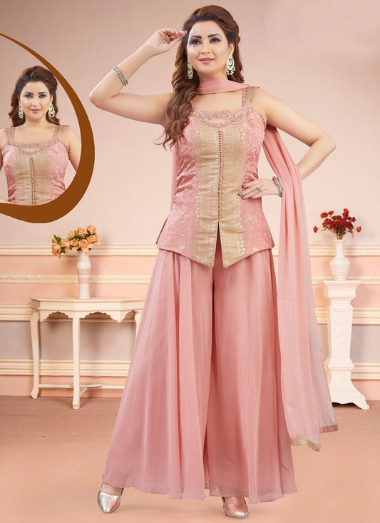 Salwar Suit Embroidered Peach, Pink Silk T5859