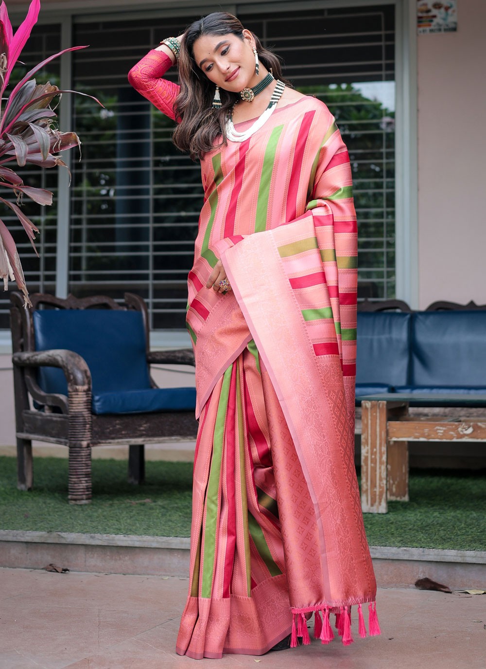 Contemporary Woven Peach, Pink Kanjivaram Silk S12522