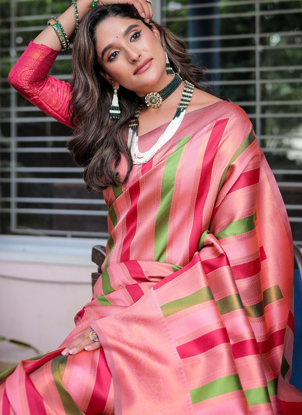 Contemporary Woven Peach, Pink Kanjivaram Silk S12522