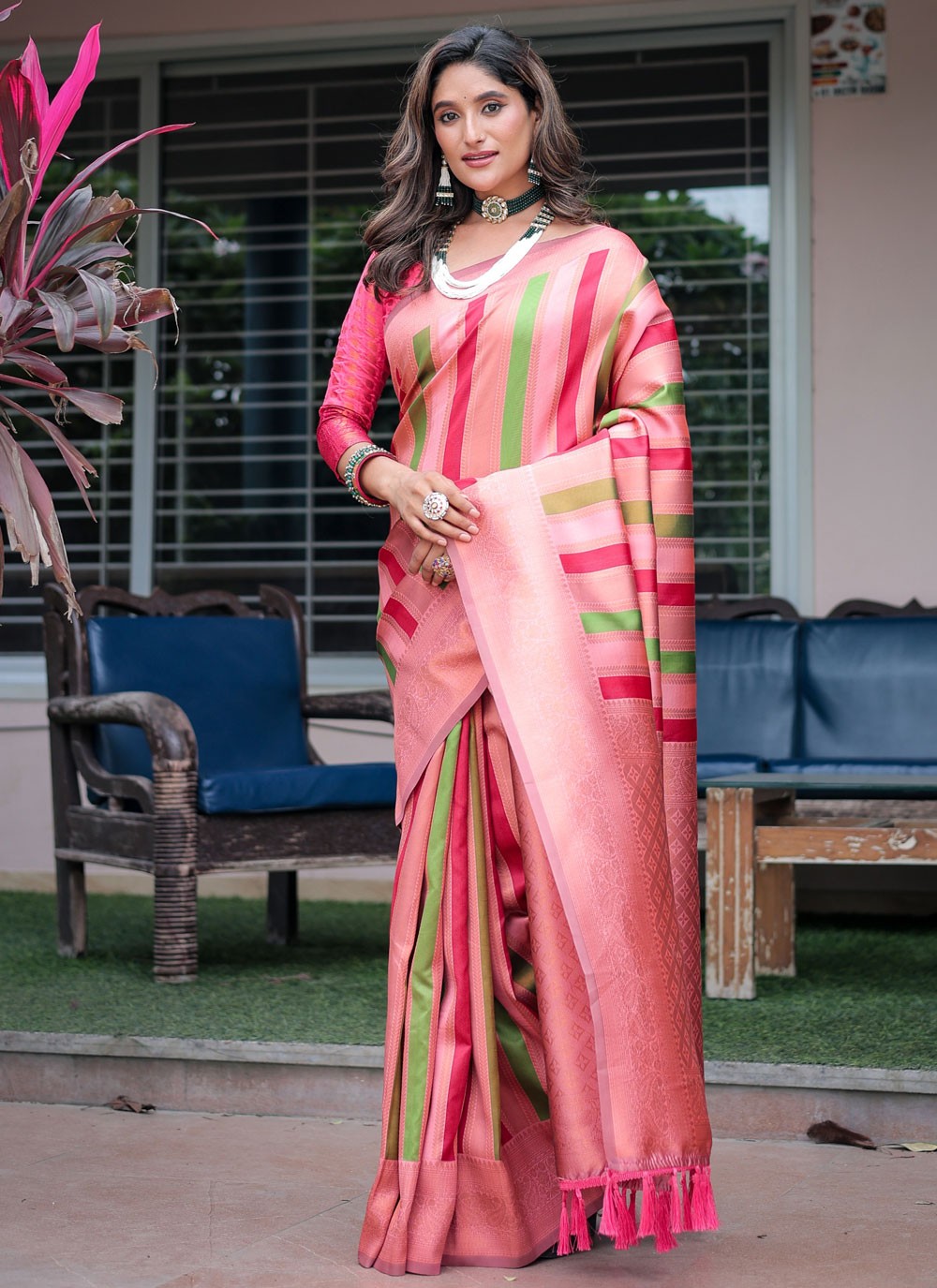 Contemporary Woven Peach, Pink Kanjivaram Silk S12522