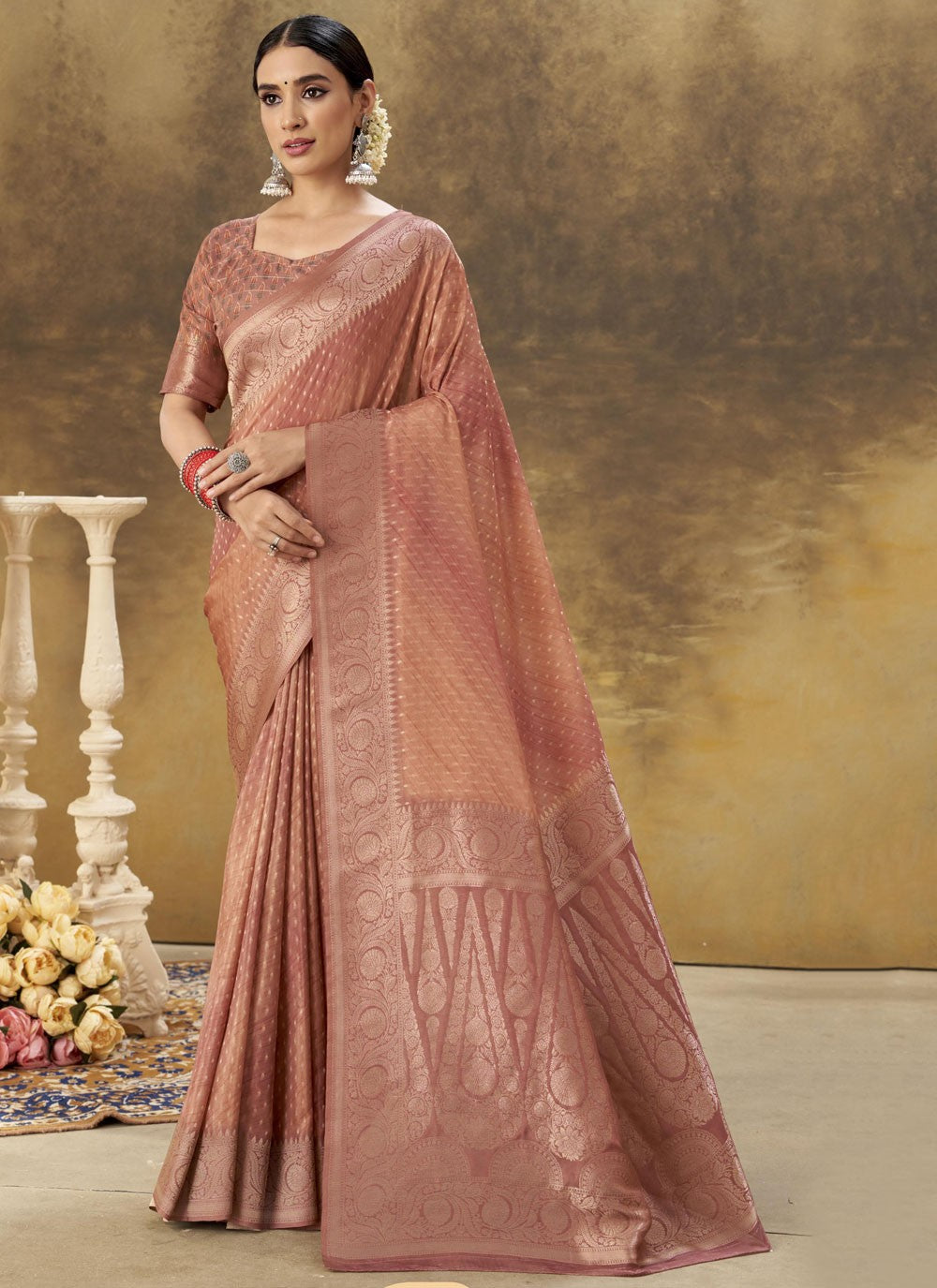 Trendy Saree Weaving Zari Peach, Rust Silk Saree S13316