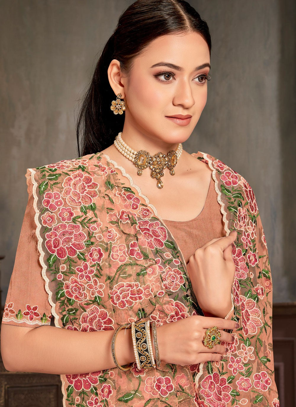 Embroidered Net Peach Saree S14449