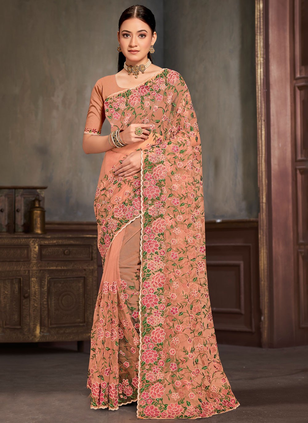 Embroidered Net Peach Saree S14449