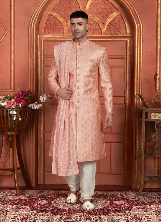 Embroidered Art Silk Peach Sherwani - M8266
