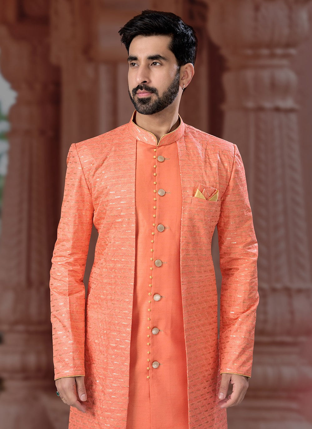 Machine Embroidery Banglori Silk Peach Indo Western Sherwani - M7138