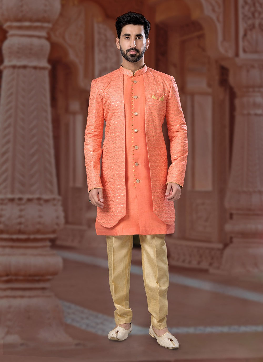 Machine Embroidery Banglori Silk Peach Indo Western Sherwani - M7138
