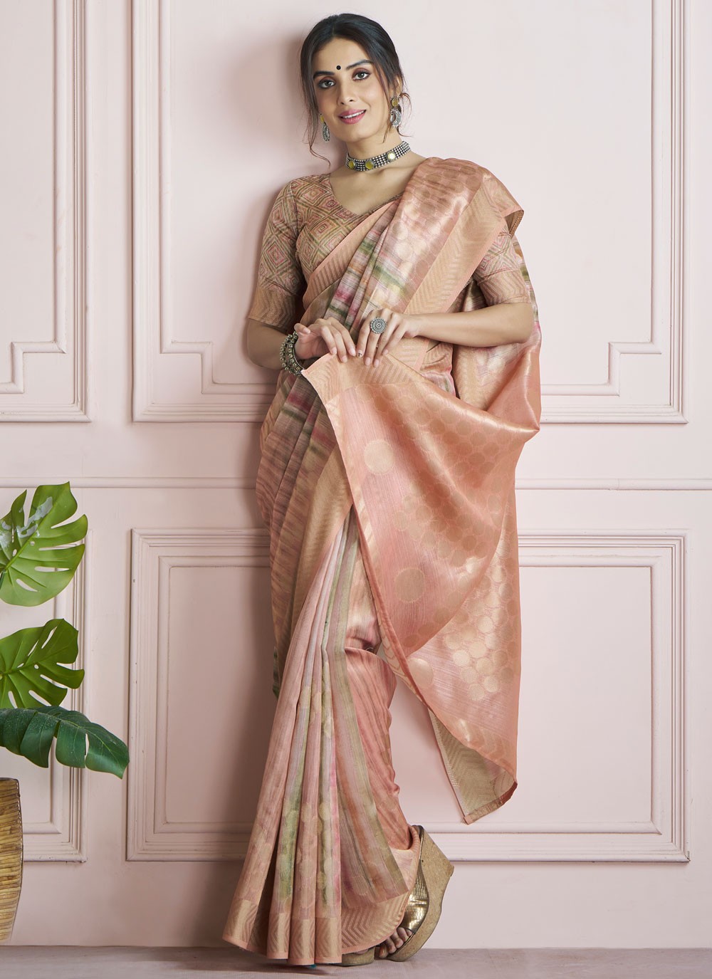 Border Work Handloom Silk Peach Saree S14825