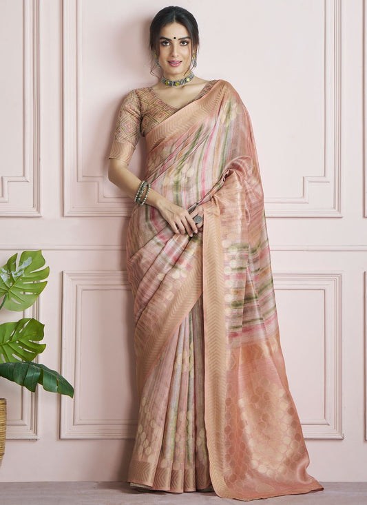 Border Work Handloom Silk Peach Saree S14825