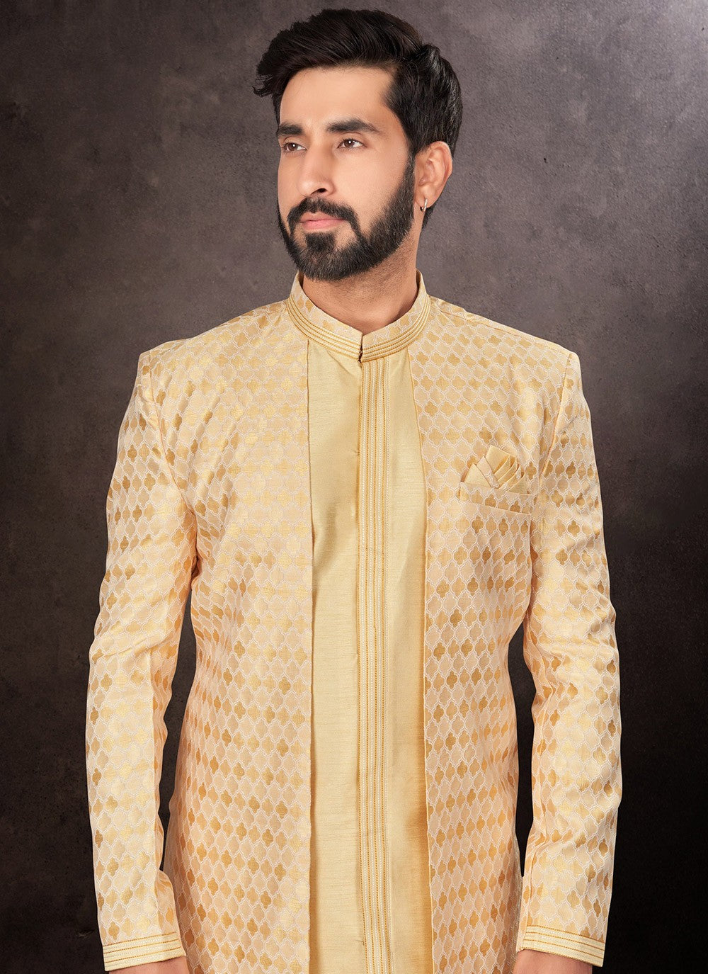 Jacquard Work Brocade, Jacquard Peach Indo Western - M7239