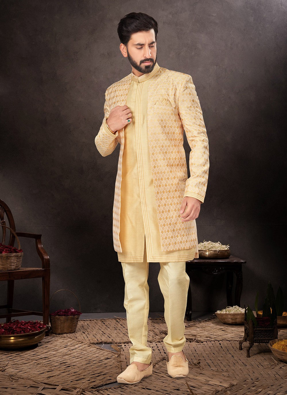Jacquard Work Brocade, Jacquard Peach Indo Western - M7239