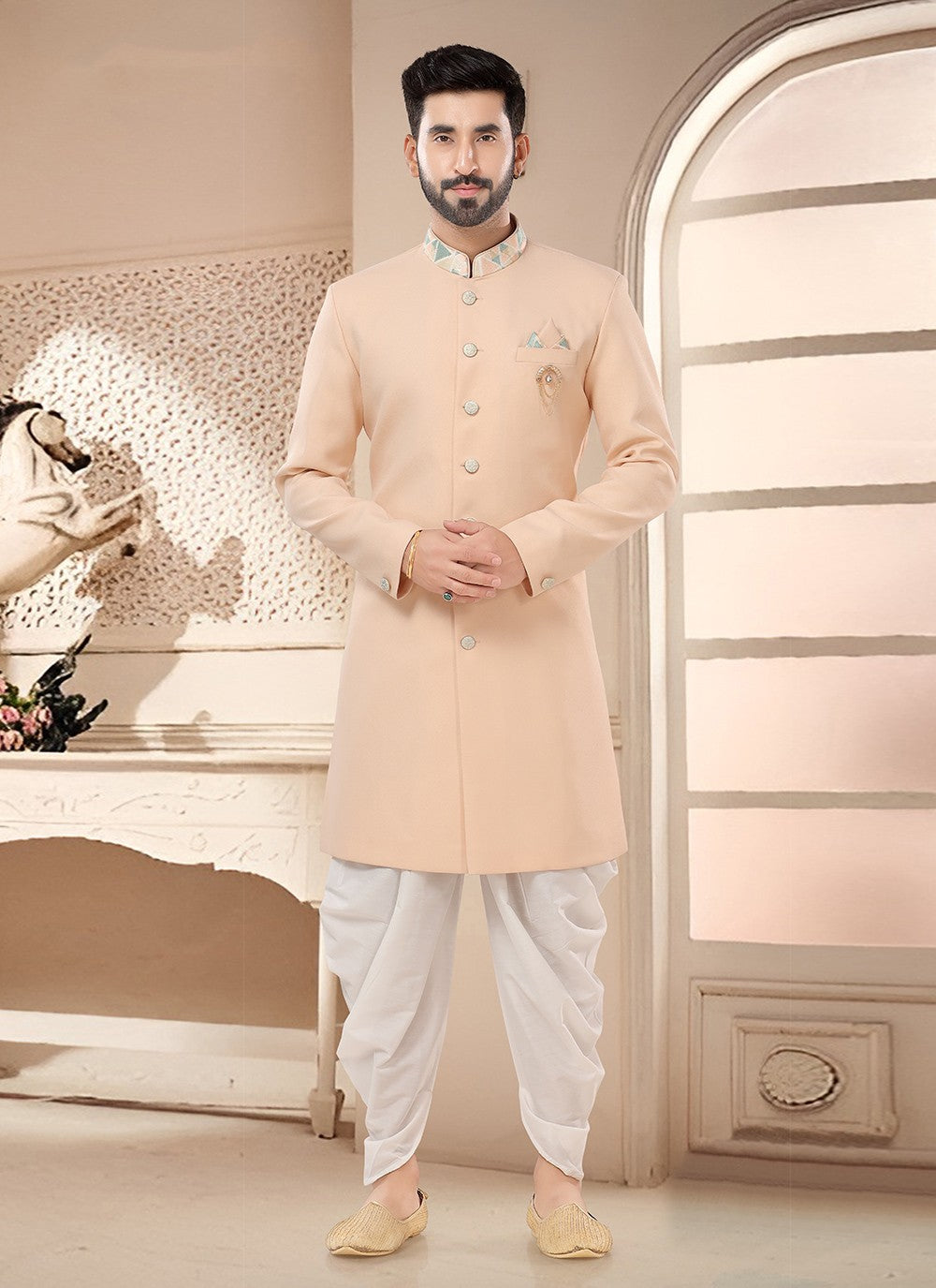 Buttons Art Silk Peach Sherwani - M7584