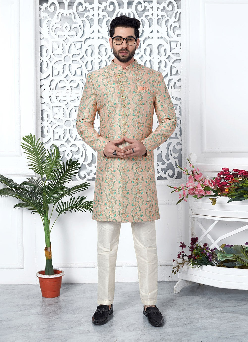 Fancy Work Jacquard Silk Peach Indo Western - M6630