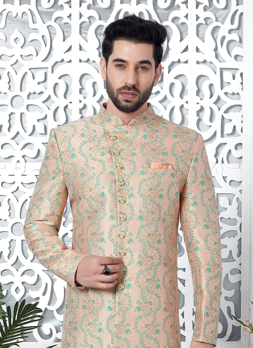 Fancy Work Jacquard Silk Peach Indo Western - M6630