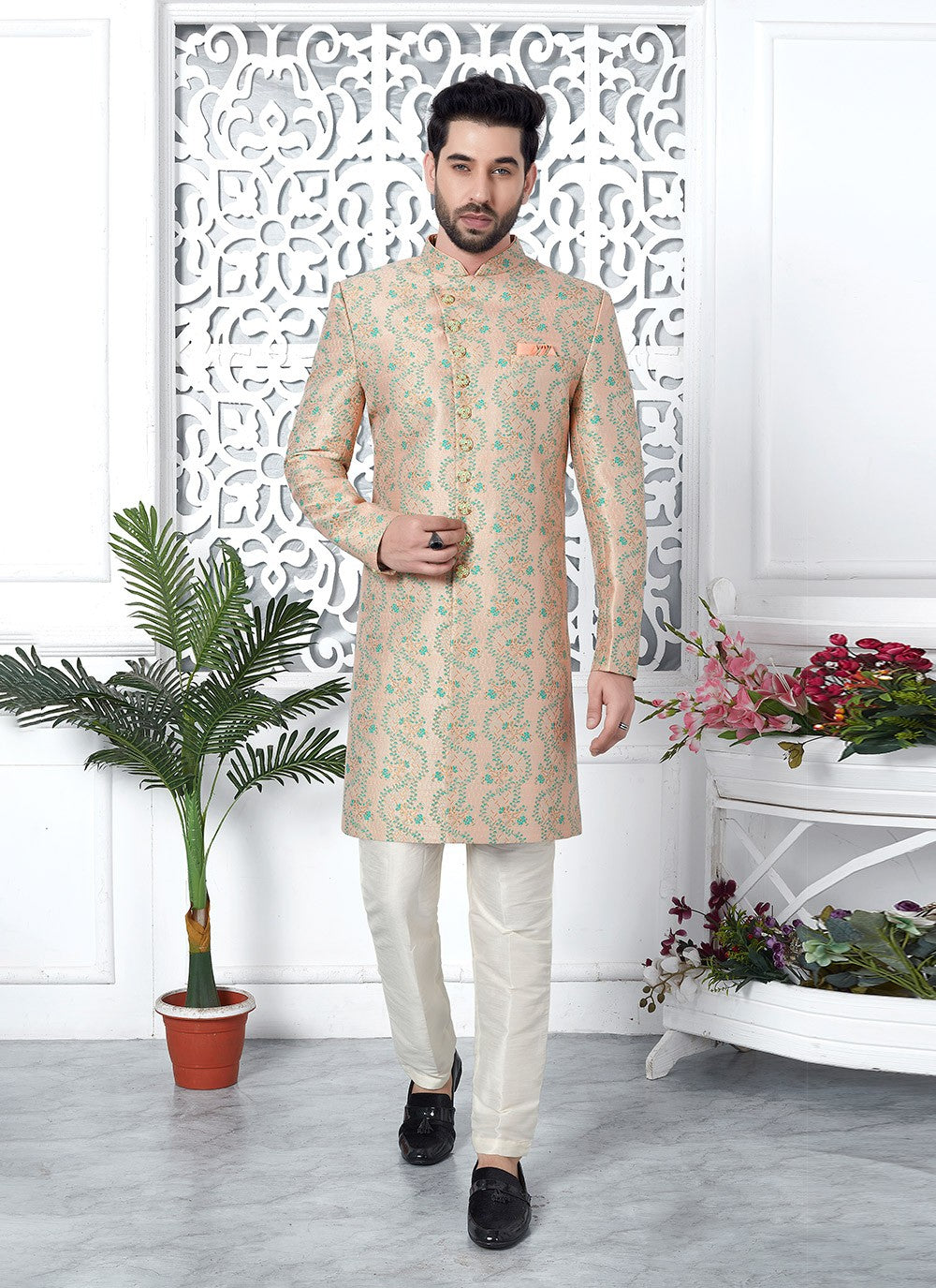 Fancy Work Jacquard Silk Peach Indo Western - M6630