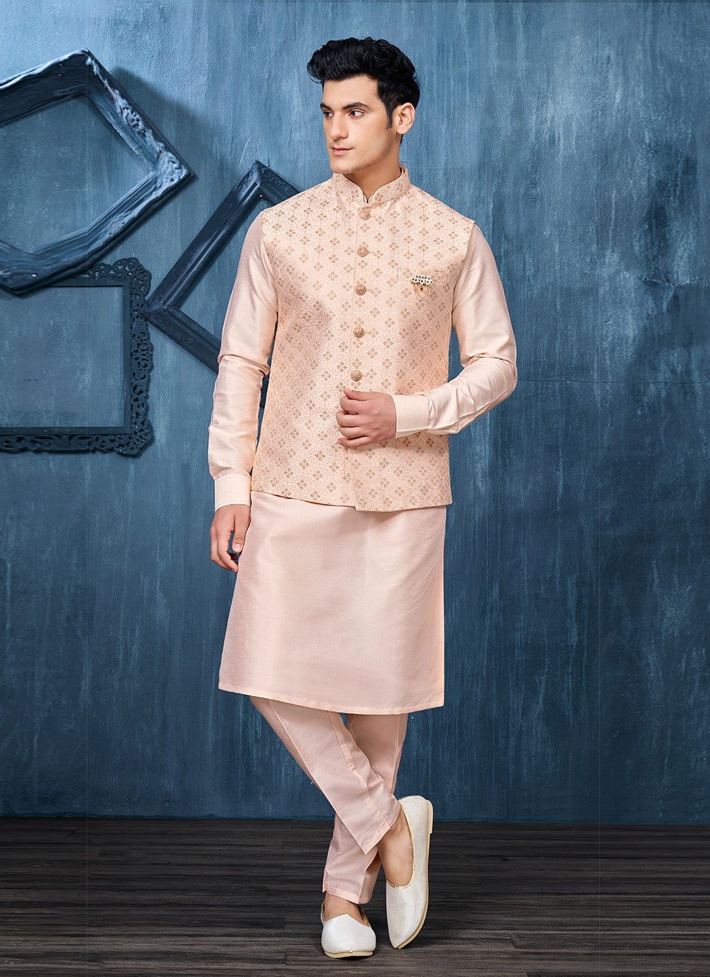 Embroidered Banarasi Silk Peach Kurta Payjama With Jacket - M6407