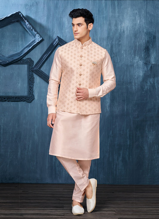Embroidered Banarasi Silk Peach Kurta Payjama With Jacket - M6407