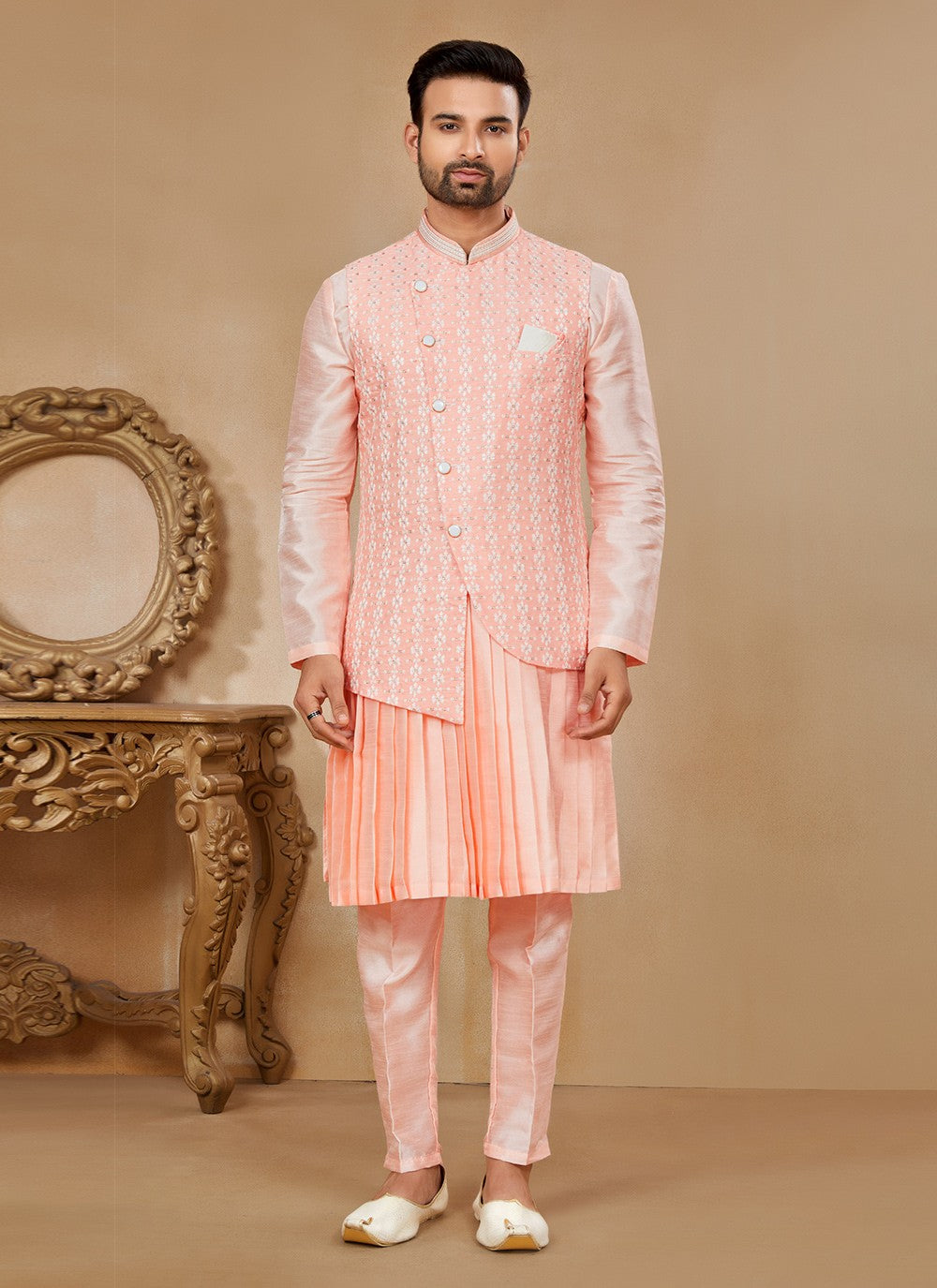 Thread Jacquard Peach Kurta Payjama With Jacket - M6715