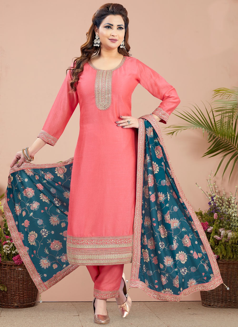 Salwar Suit Weaving Zari Peach Silk T5246
