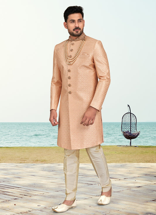 Machine Embroidery Silk Peach Sherwani - M6793