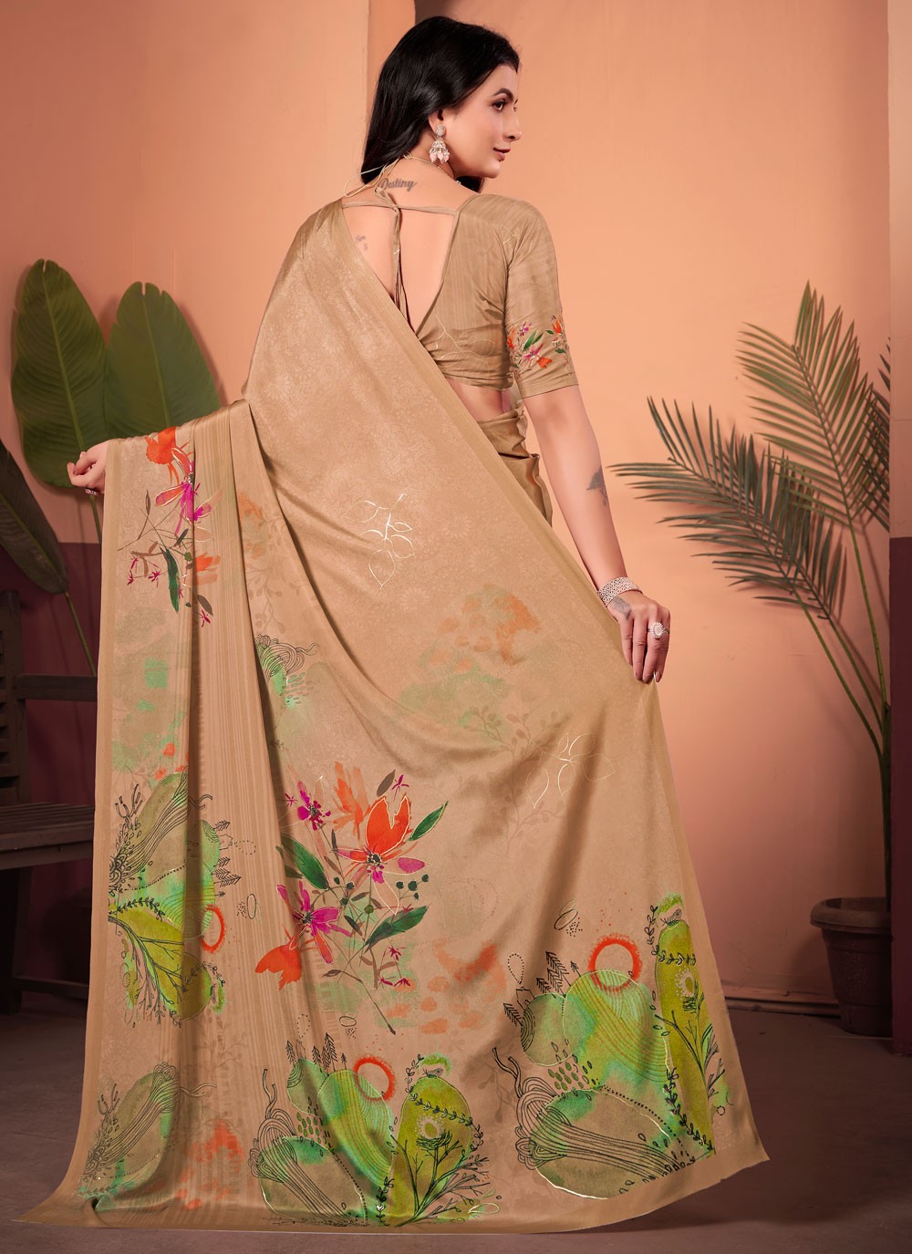 Floral Printed Silk Peach Saree S13744