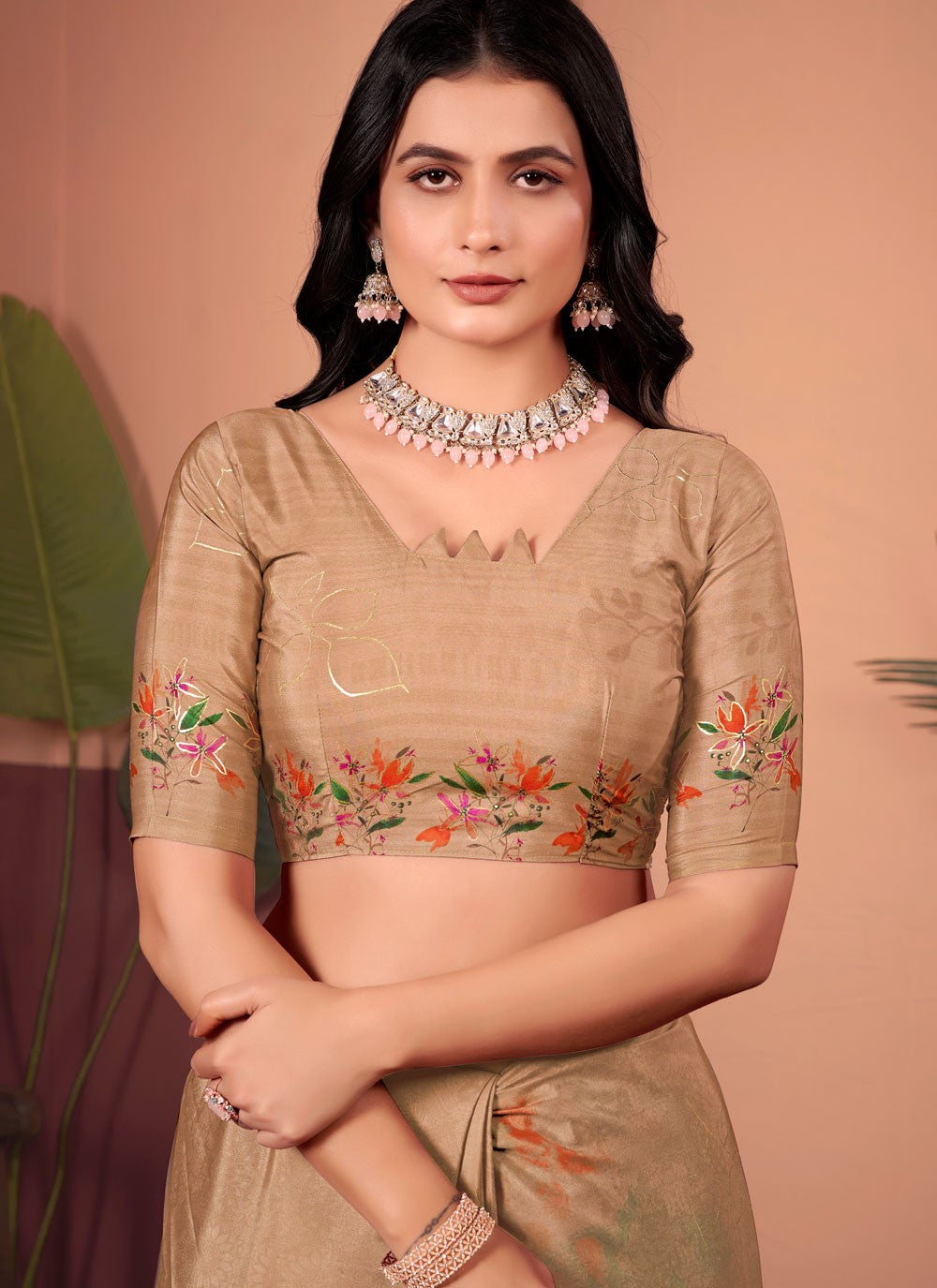 Floral Printed Silk Peach Saree S13744