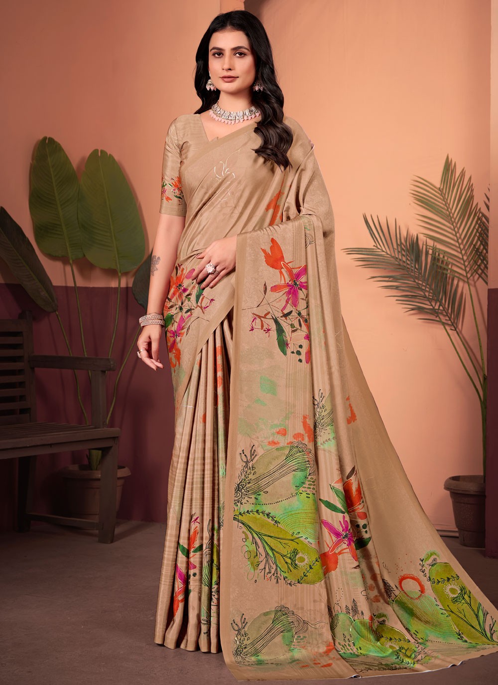 Floral Printed Silk Peach Saree S13744
