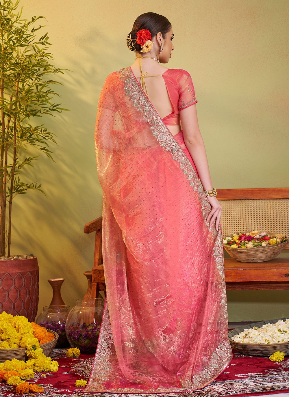 Swarovski Organza Peach Saree S14372