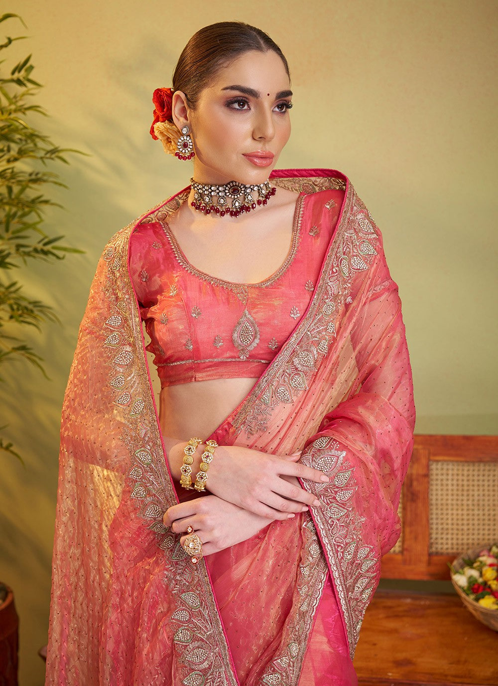 Swarovski Organza Peach Saree S14372
