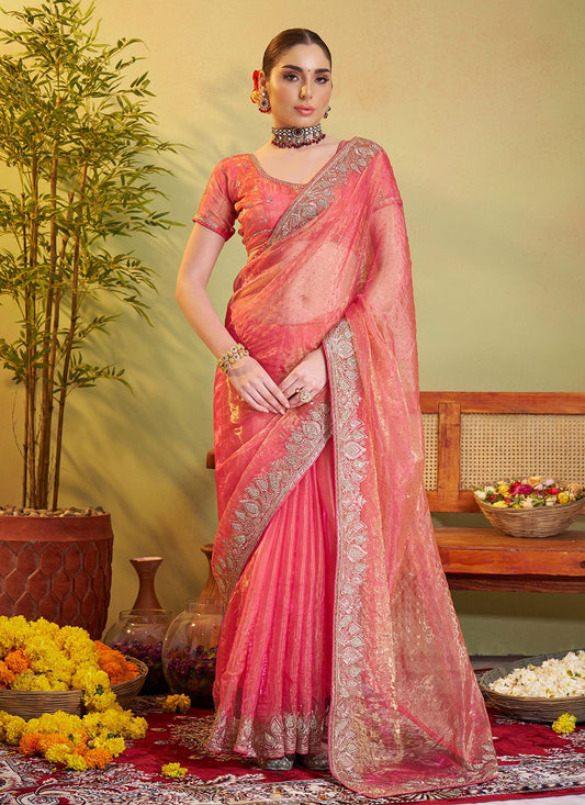 Swarovski Organza Peach Saree S14372