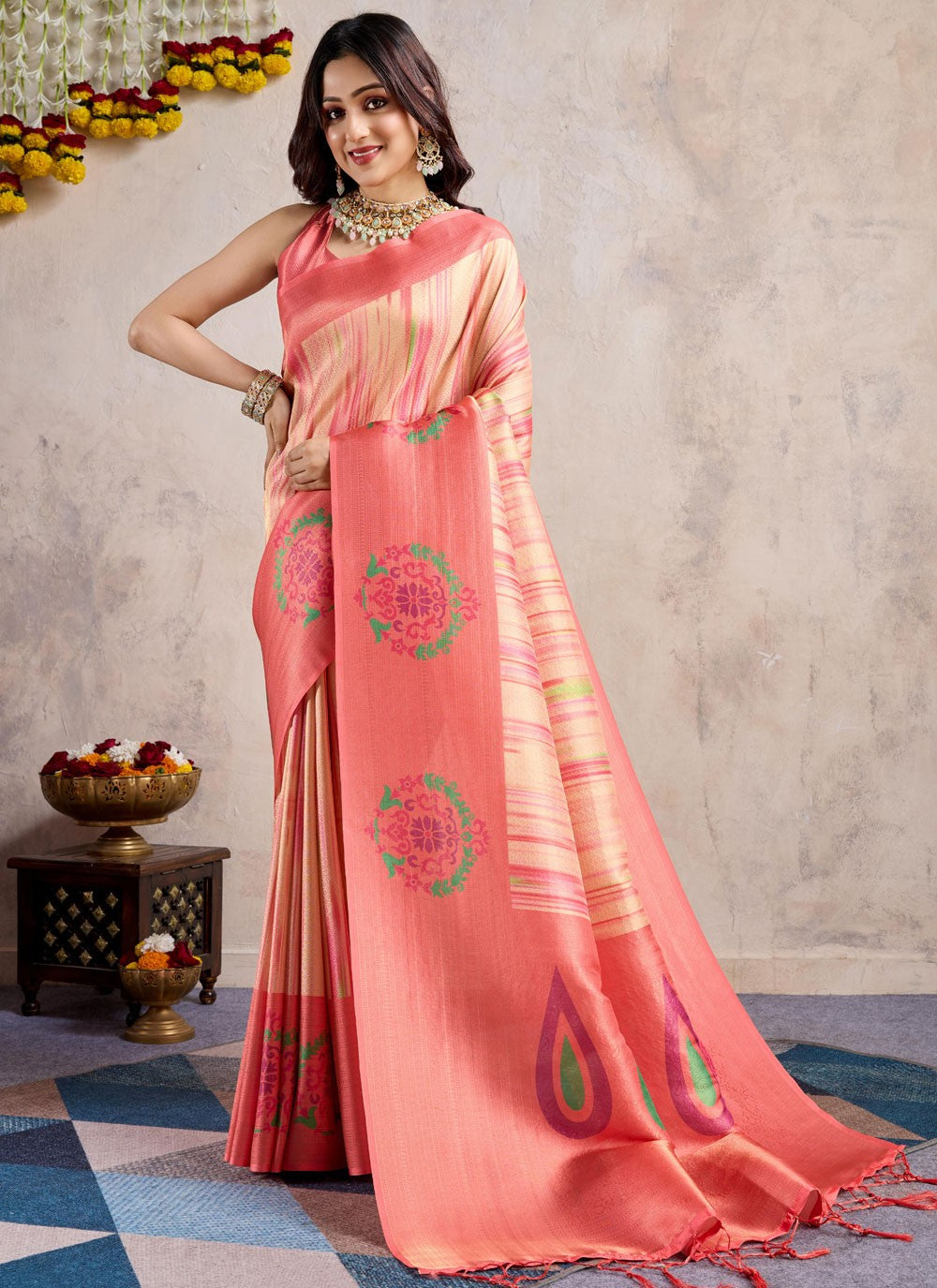 Casual Weaving Zari Peach Silk Saree S13064