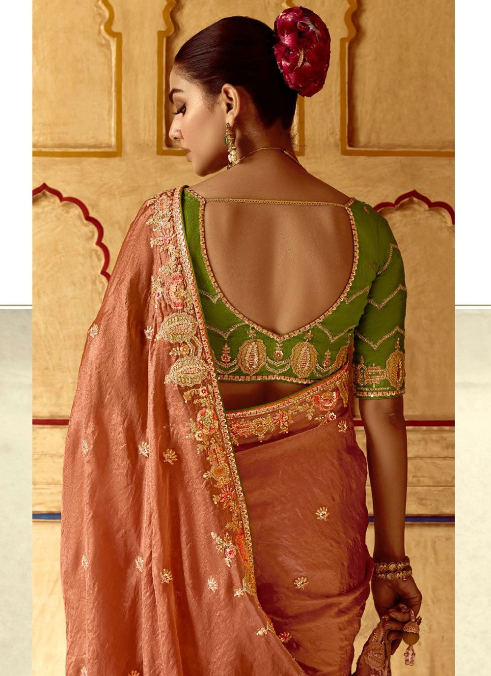 Embroidered Fancy Fabric Peach Saree S14382