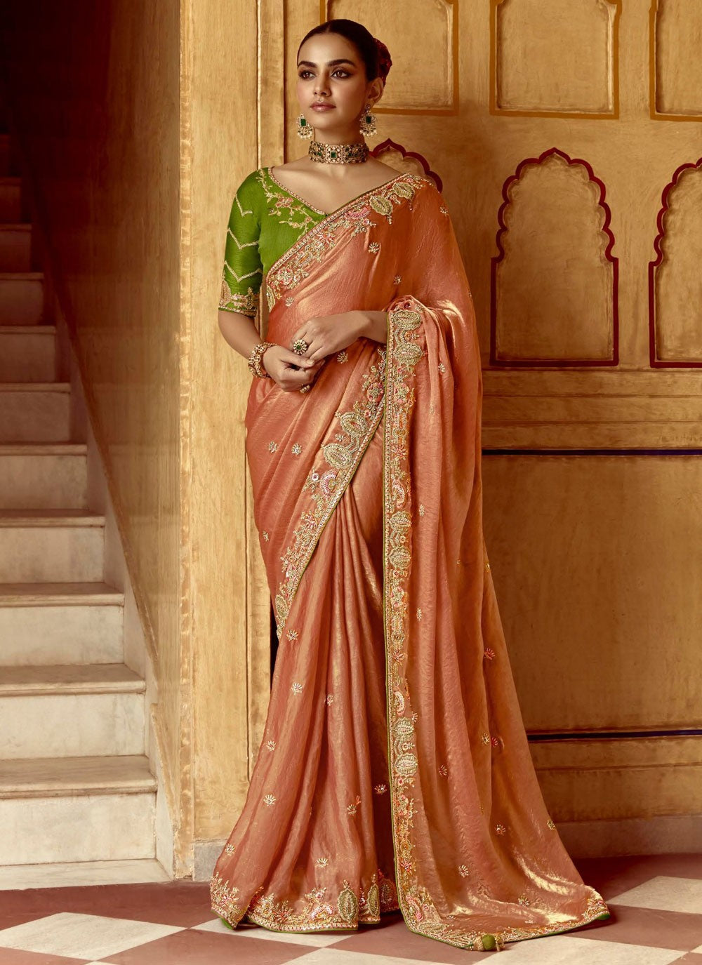 Embroidered Fancy Fabric Peach Saree S14382
