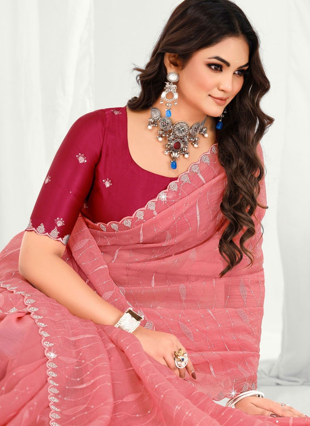 Peach Silk Contemporary Saree Embroidered S20509