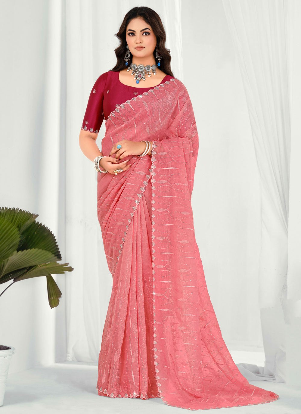 Peach Silk Contemporary Saree Embroidered S20509