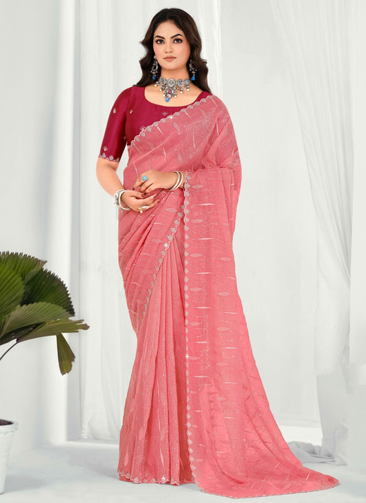 Peach Silk Contemporary Saree Embroidered S20509