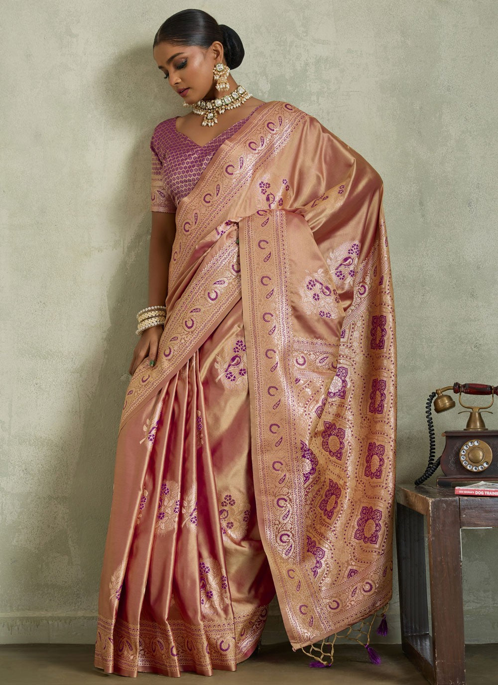 Peach Satin Silk Designer Saree Banarasi Jari, Border Work, Meenakari, Woven S19051