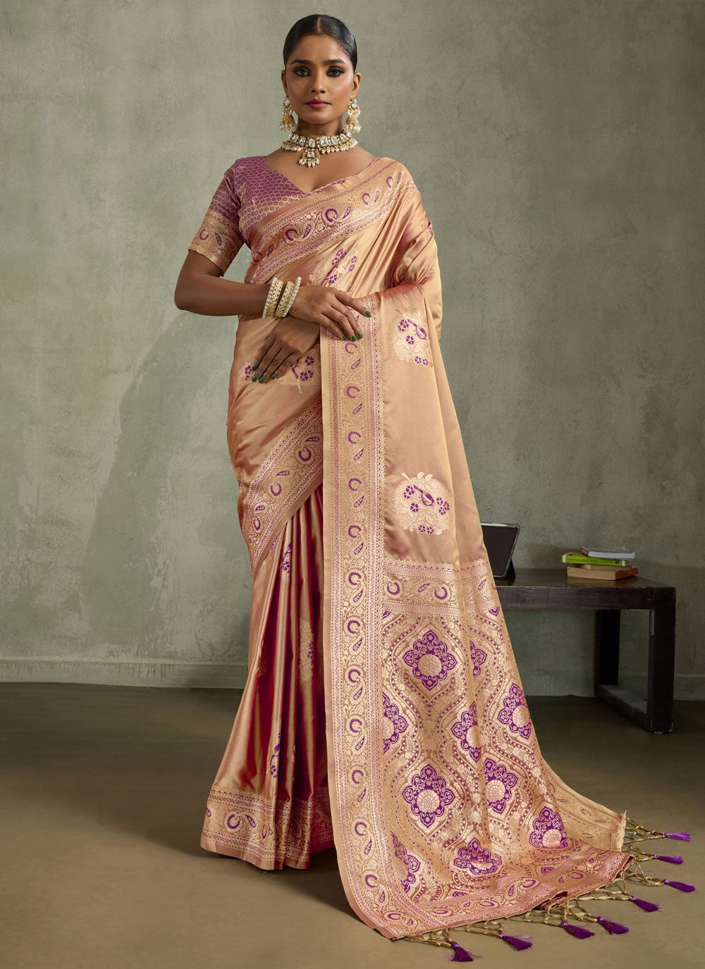 Peach Satin Silk Designer Saree Banarasi Jari, Border Work, Meenakari, Woven S19051