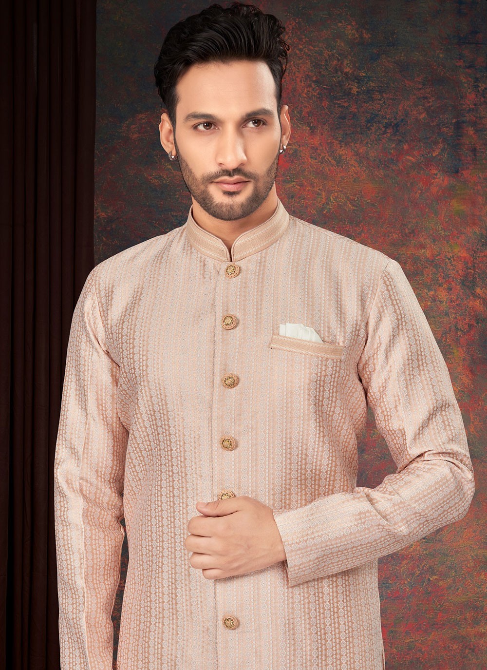 Fancy Work Jacquard Peach Indo Western - M7206