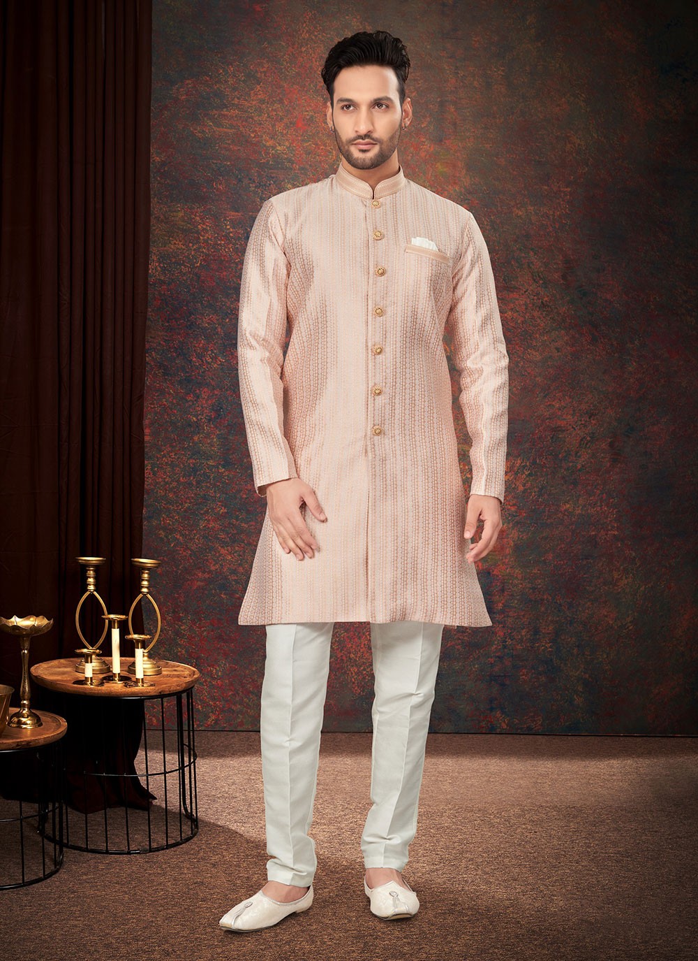 Fancy Work Jacquard Peach Indo Western - M7206