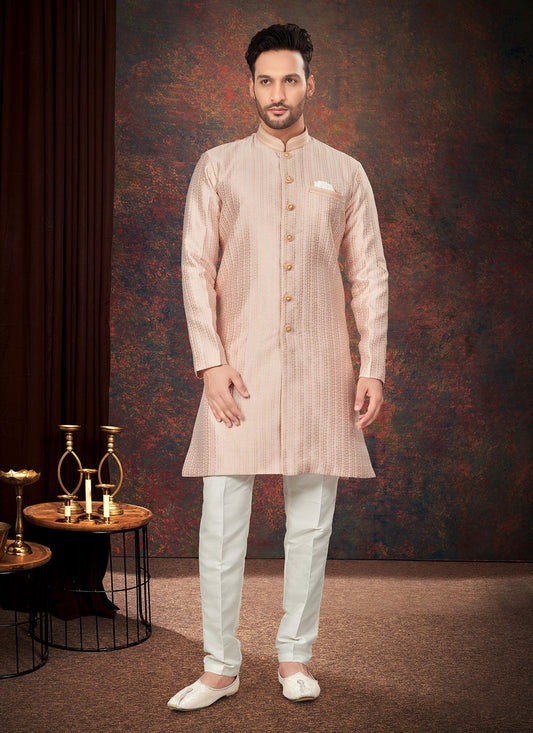 Fancy Work Jacquard Peach Indo Western - M7206