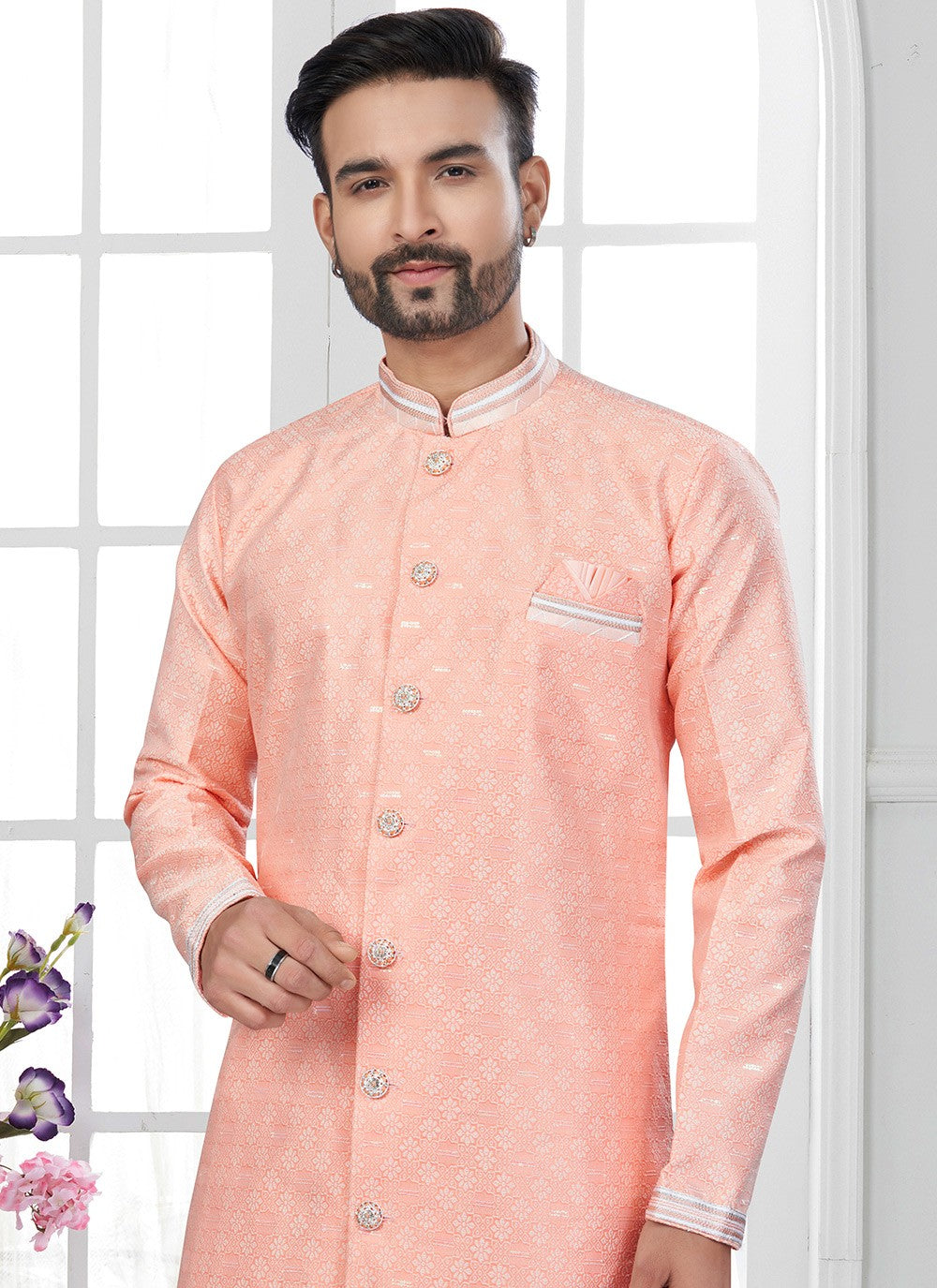 Sequins Jacquard Peach Indo Western Sherwani - M8611