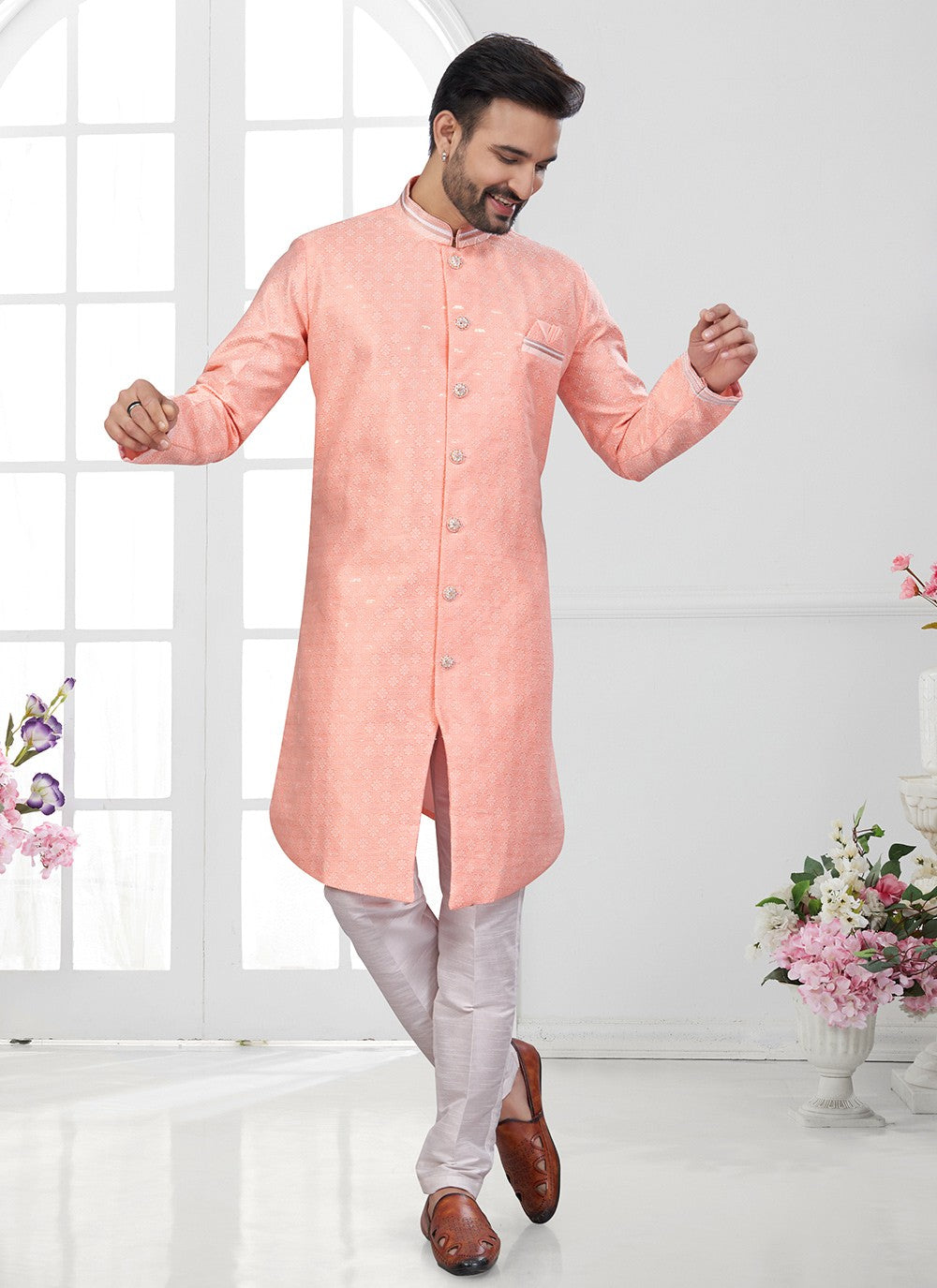 Sequins Jacquard Peach Indo Western Sherwani - M8611