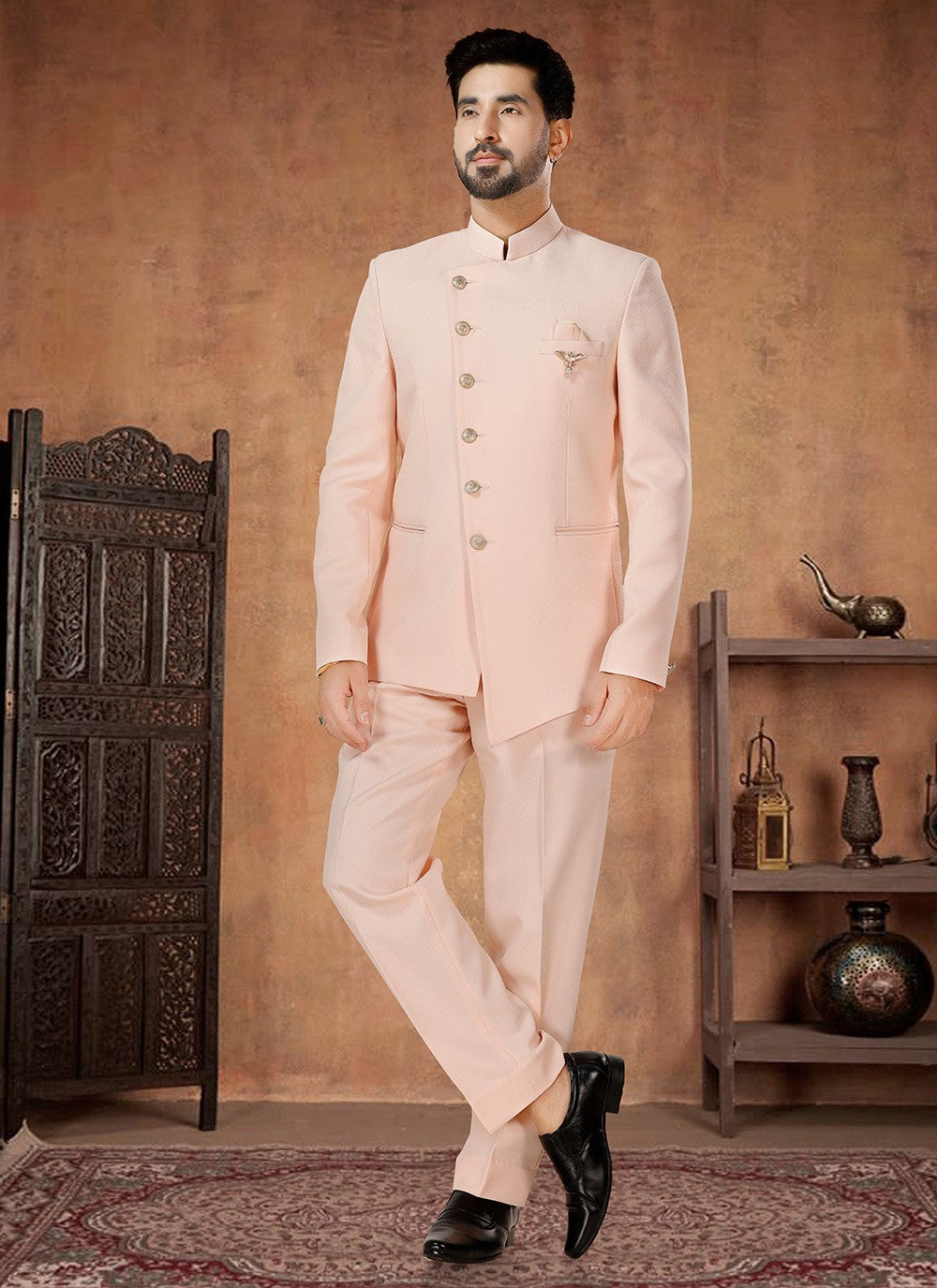 Buttons Rayon Peach Jodhpuri Suit - M7071