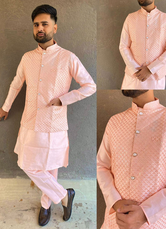 Embroidered Banglori Silk Peach Kurta Payjama With Jacket - M6869