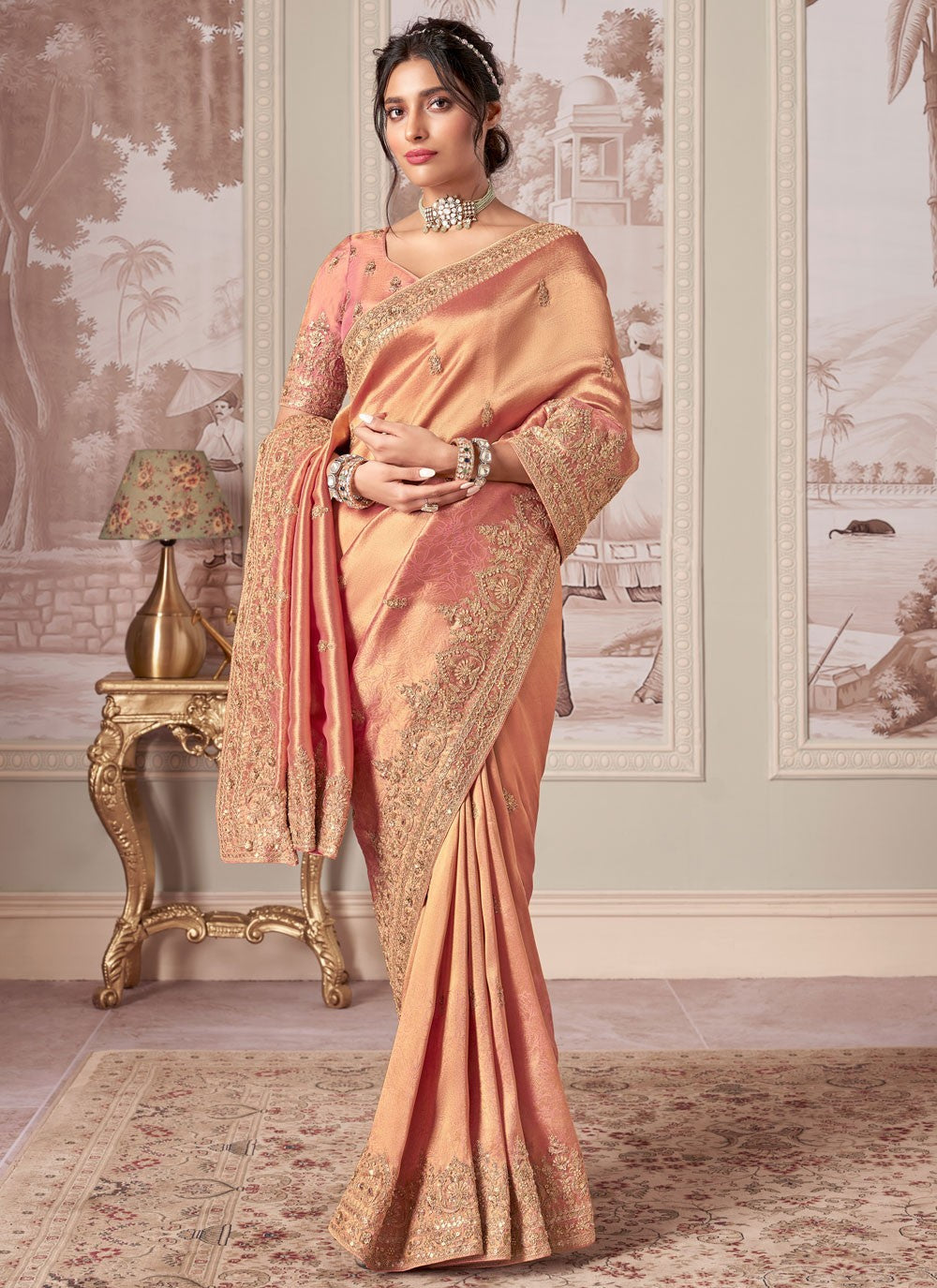 Peach Jacquard Silk Trendy Saree Buttis, Embroidered, Sequins, Zari S17438