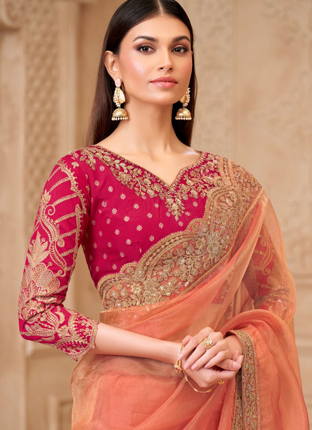 Peach Georgette Trendy Saree Border Work, Embroidered S19790