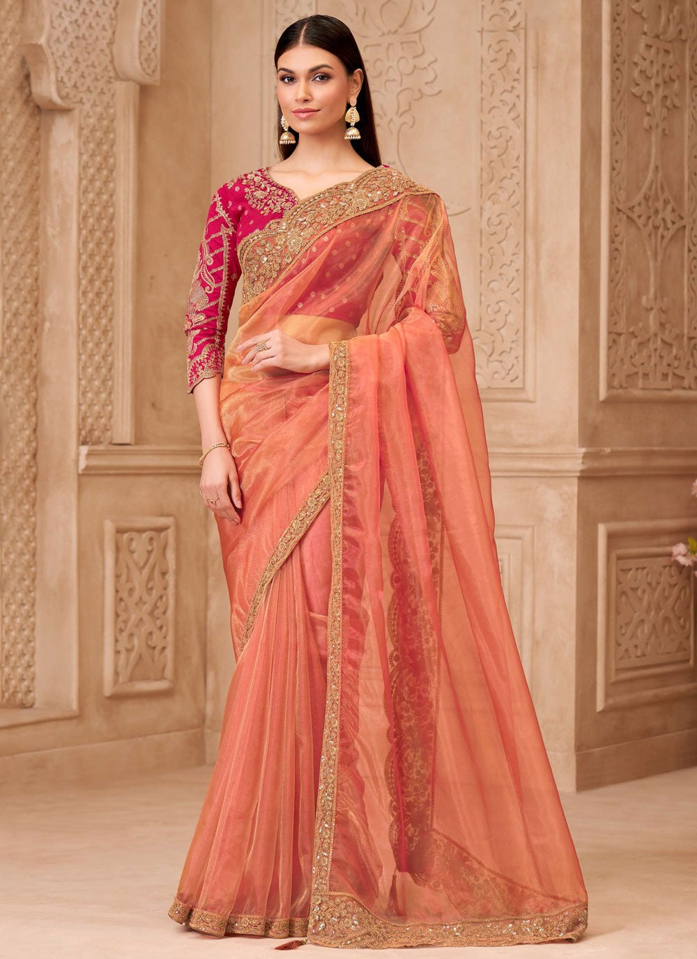 Peach Georgette Trendy Saree Border Work, Embroidered S19790