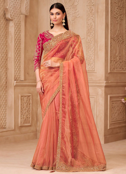 Peach Georgette Trendy Saree Border Work, Embroidered S19790