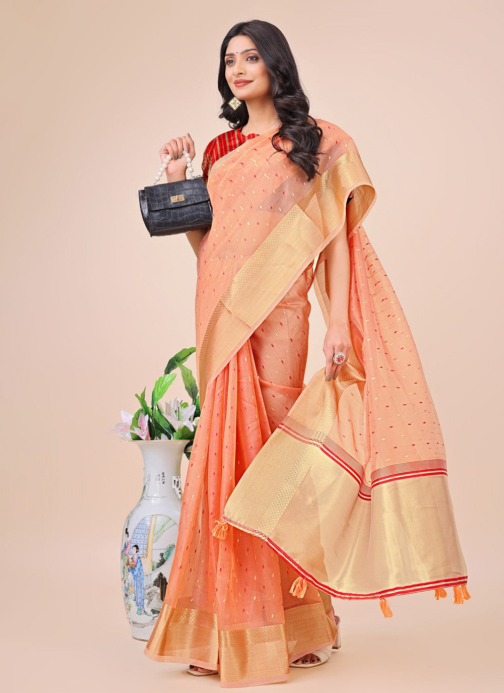 Woven Organza Peach Contemporary Saree S15184